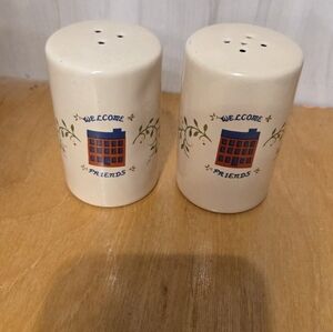 Vintage Salt and Pepper Shakers with Welcome Friends Design